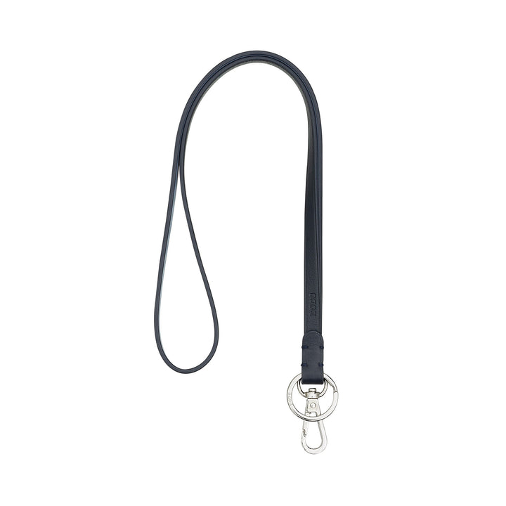 Navy blue leather lanyard with silver key ring clasp