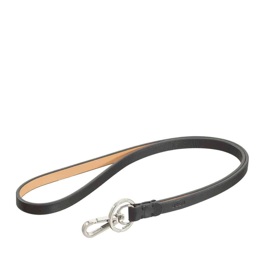 Black leather dog leash with metal clasp and loop handle