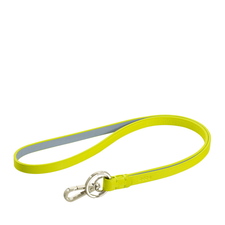 Bright yellow leather dog leash with silver clasp and light blue underside