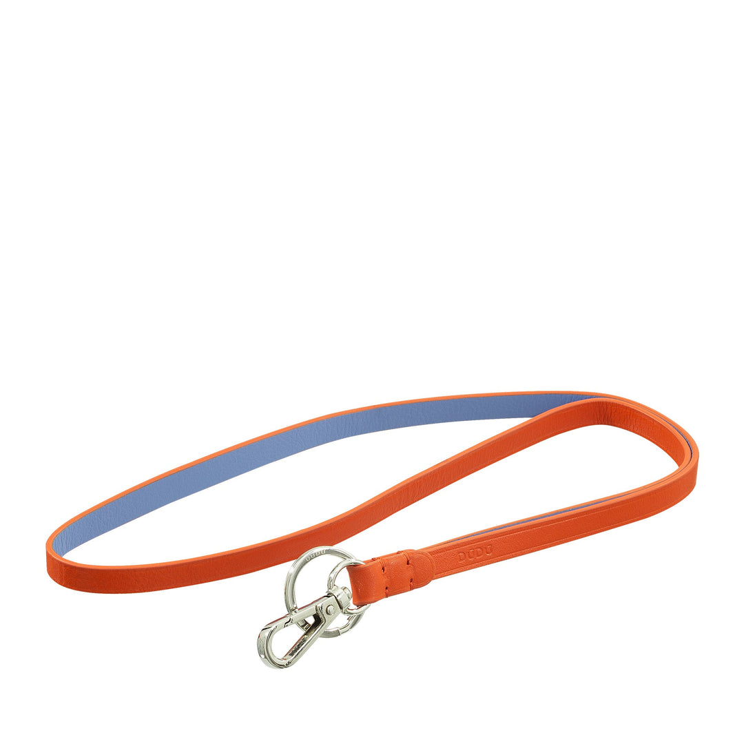 Orange and blue dog leash with metal clasp