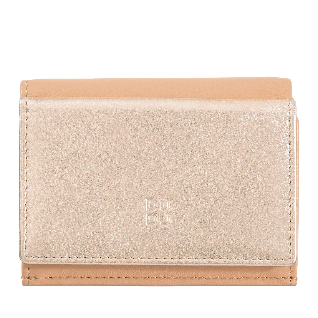 Beige leather wallet with a DUDU logo on the front