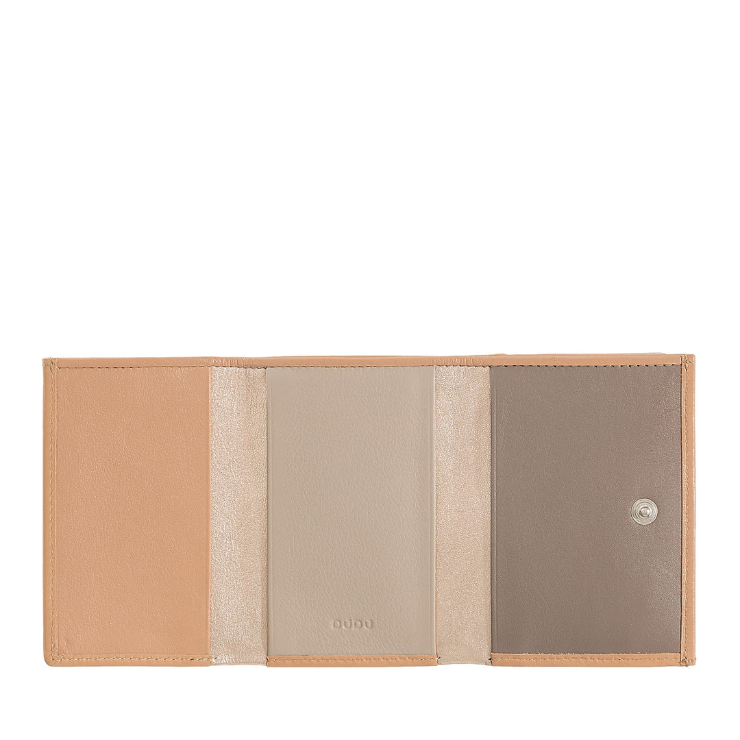 Tan and beige leather wallet open, showcasing multiple compartments