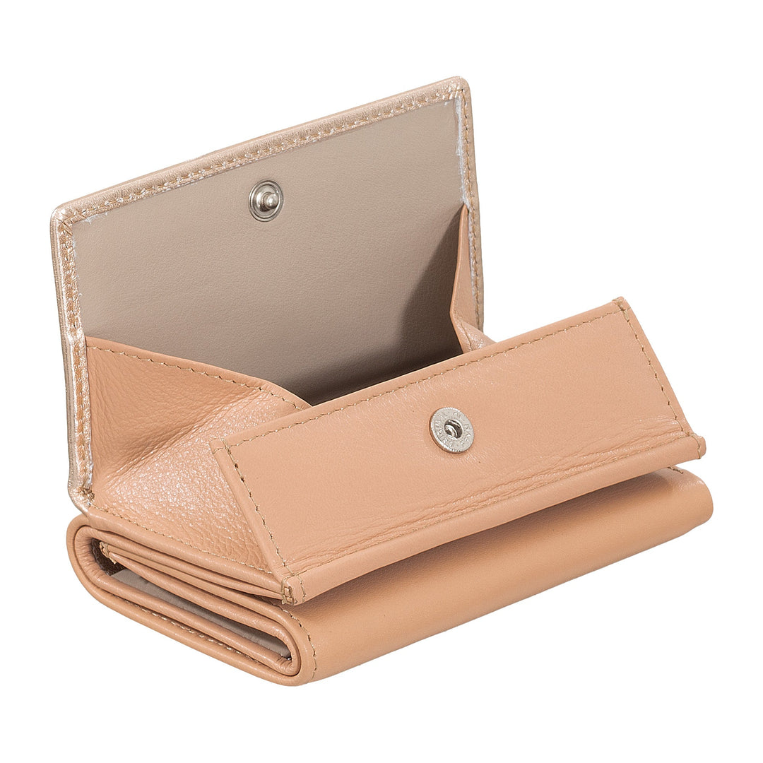 Beige leather wallet with multiple compartments open