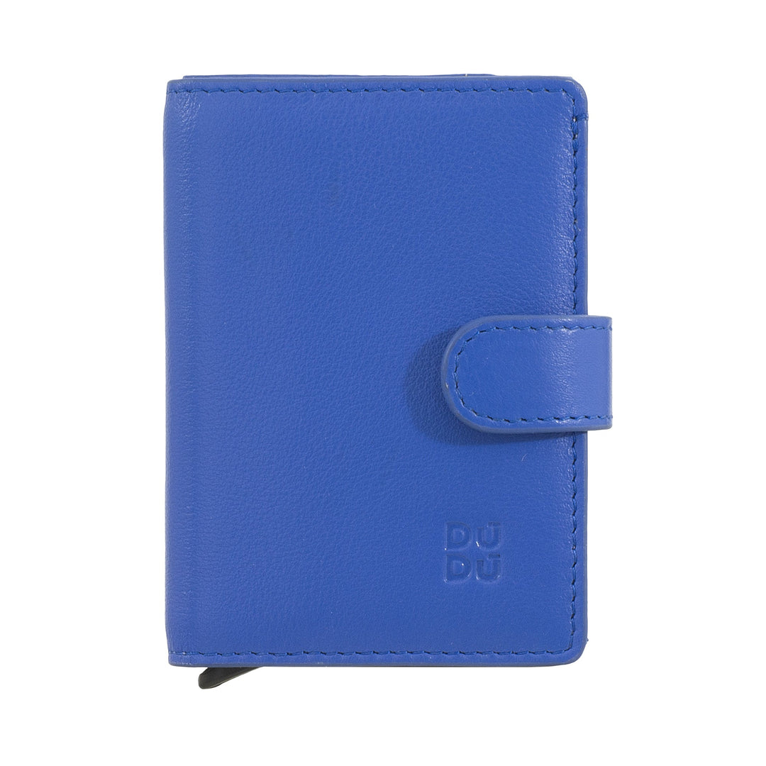 Blue leather wallet with snap closure