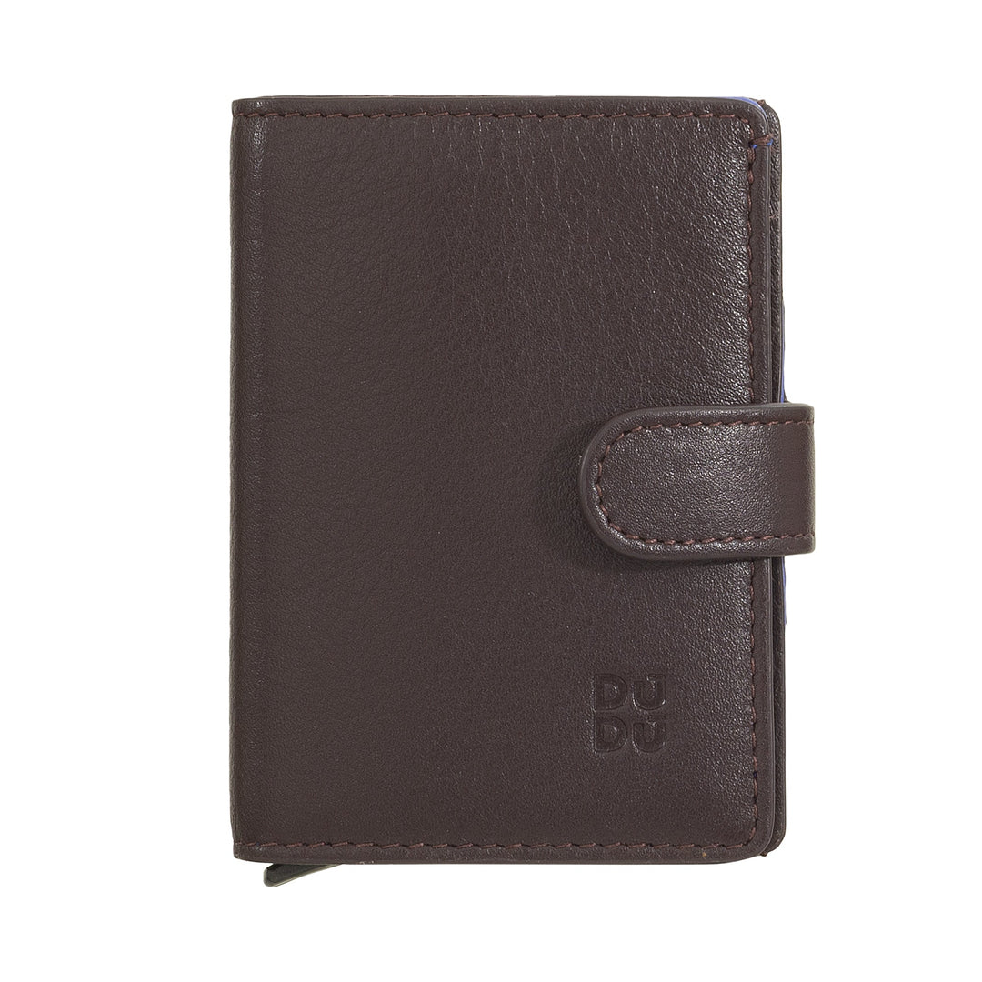 Brown leather wallet with button closure, embossed logo, and multiple card slots