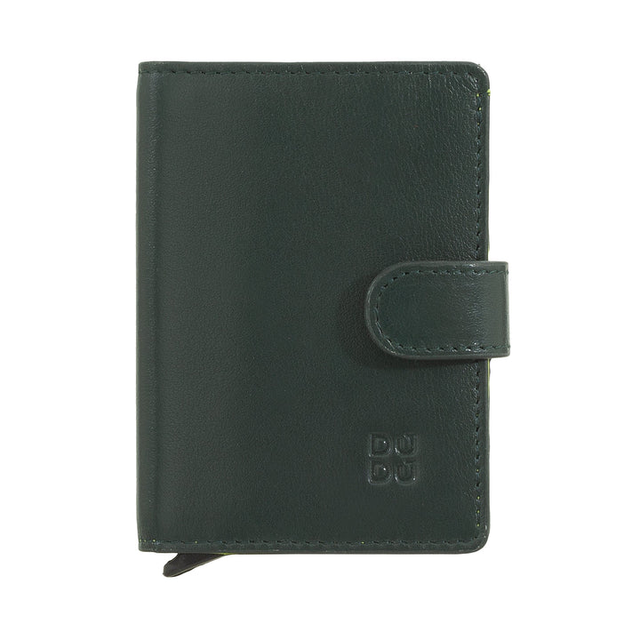 Green leather wallet with button closure