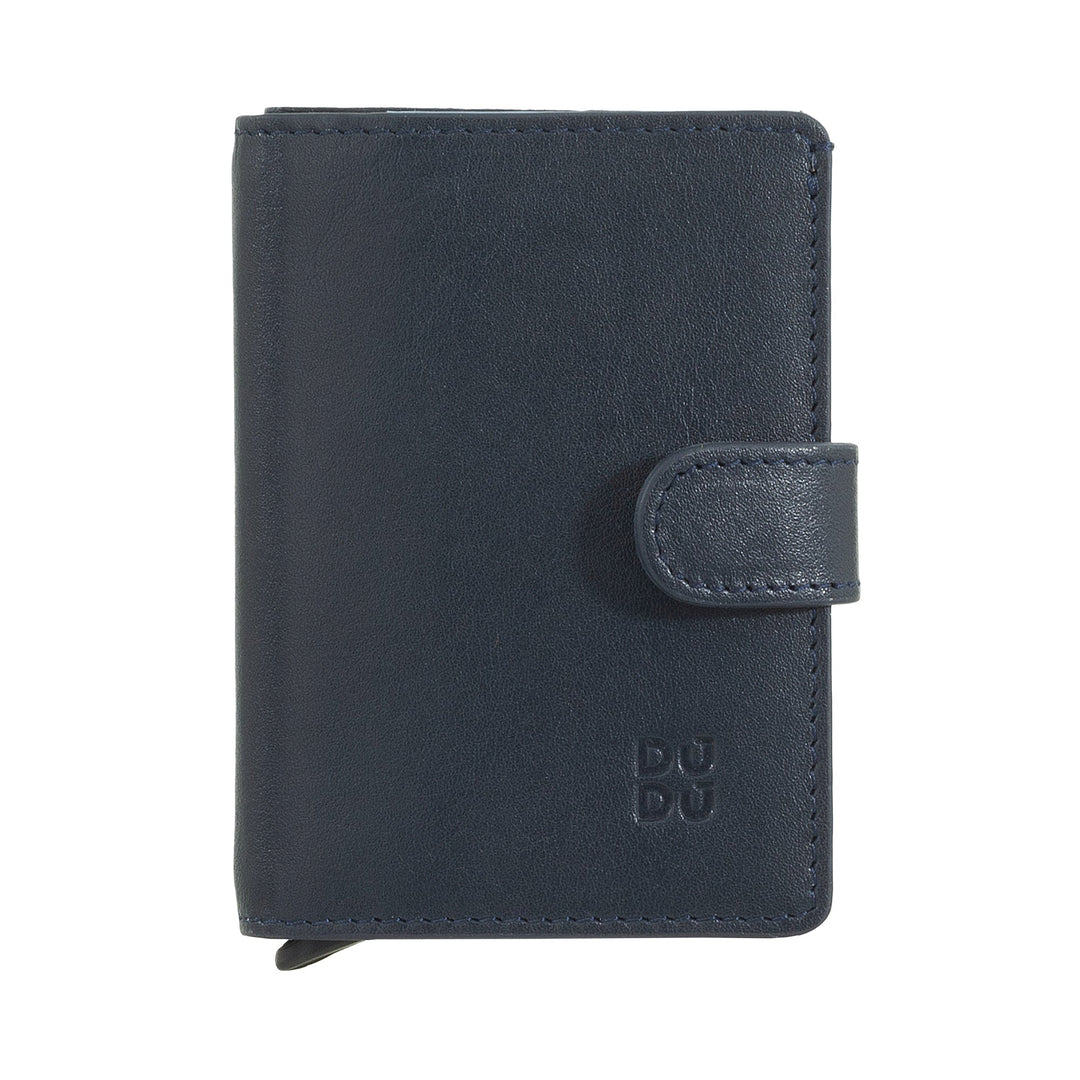 Black leather wallet with snap closure and embossed logo