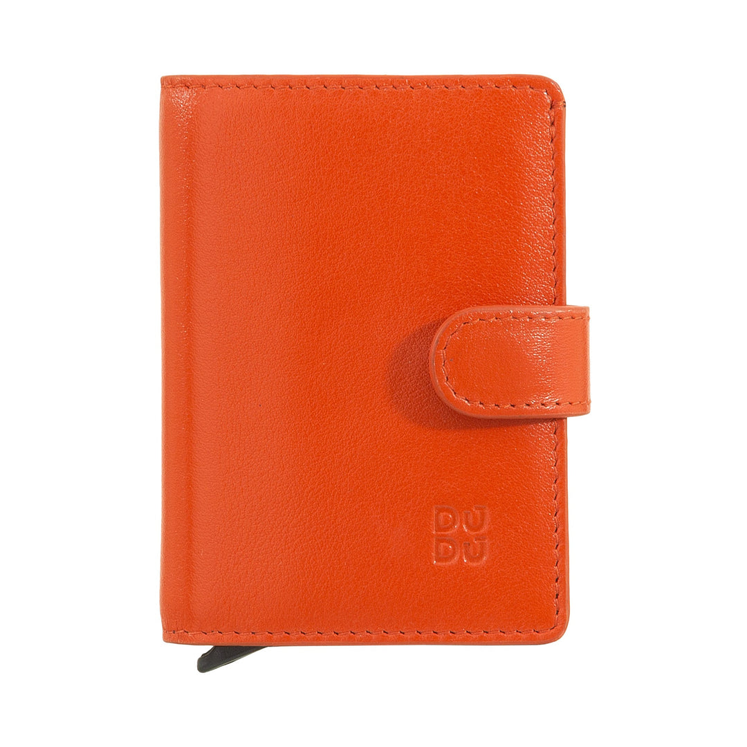 Bright orange leather wallet with snap closure