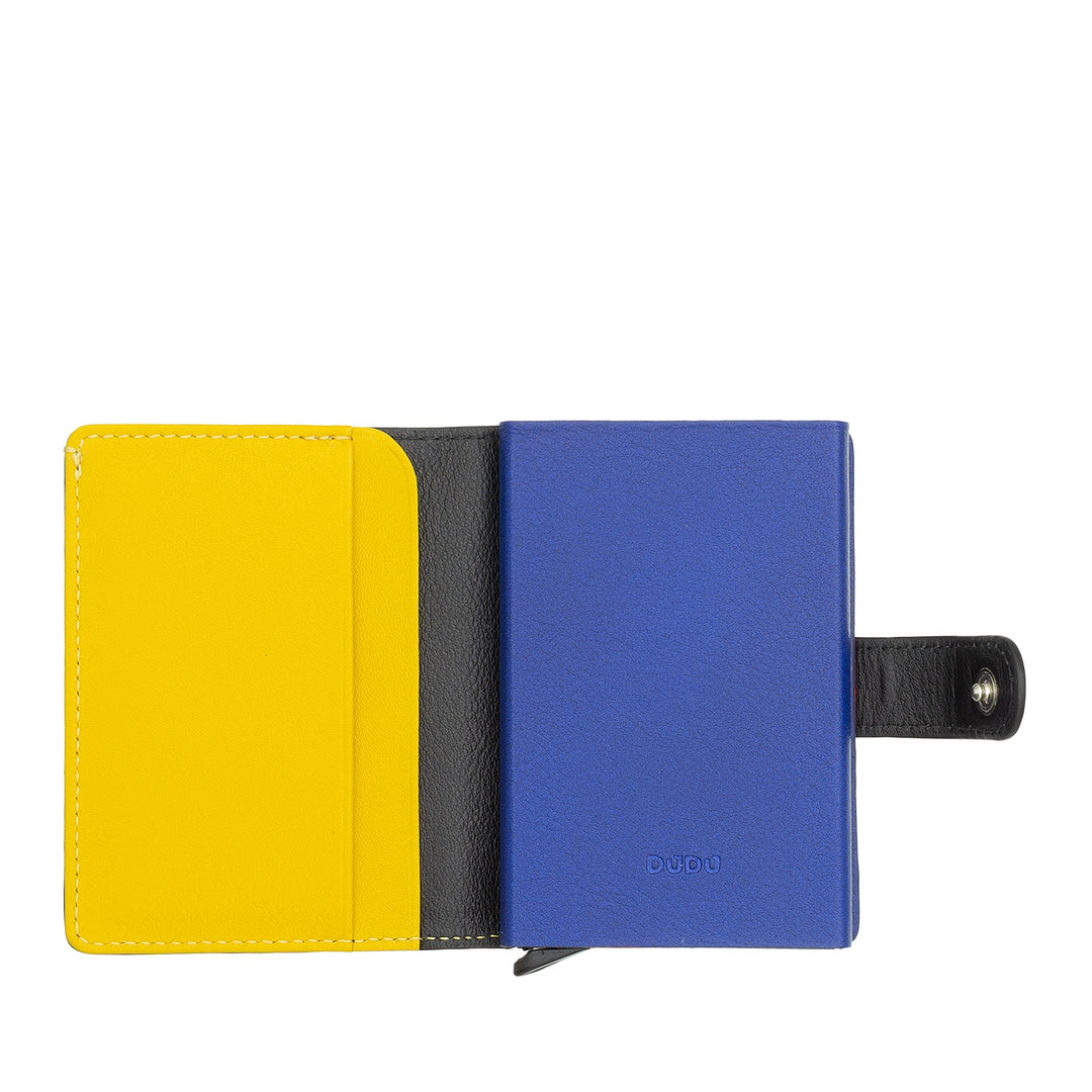 Colorful wallet with yellow and blue sections, open with card slots visible