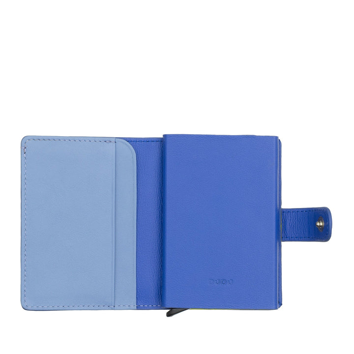 Blue leather pocket planner with snap closure, open view