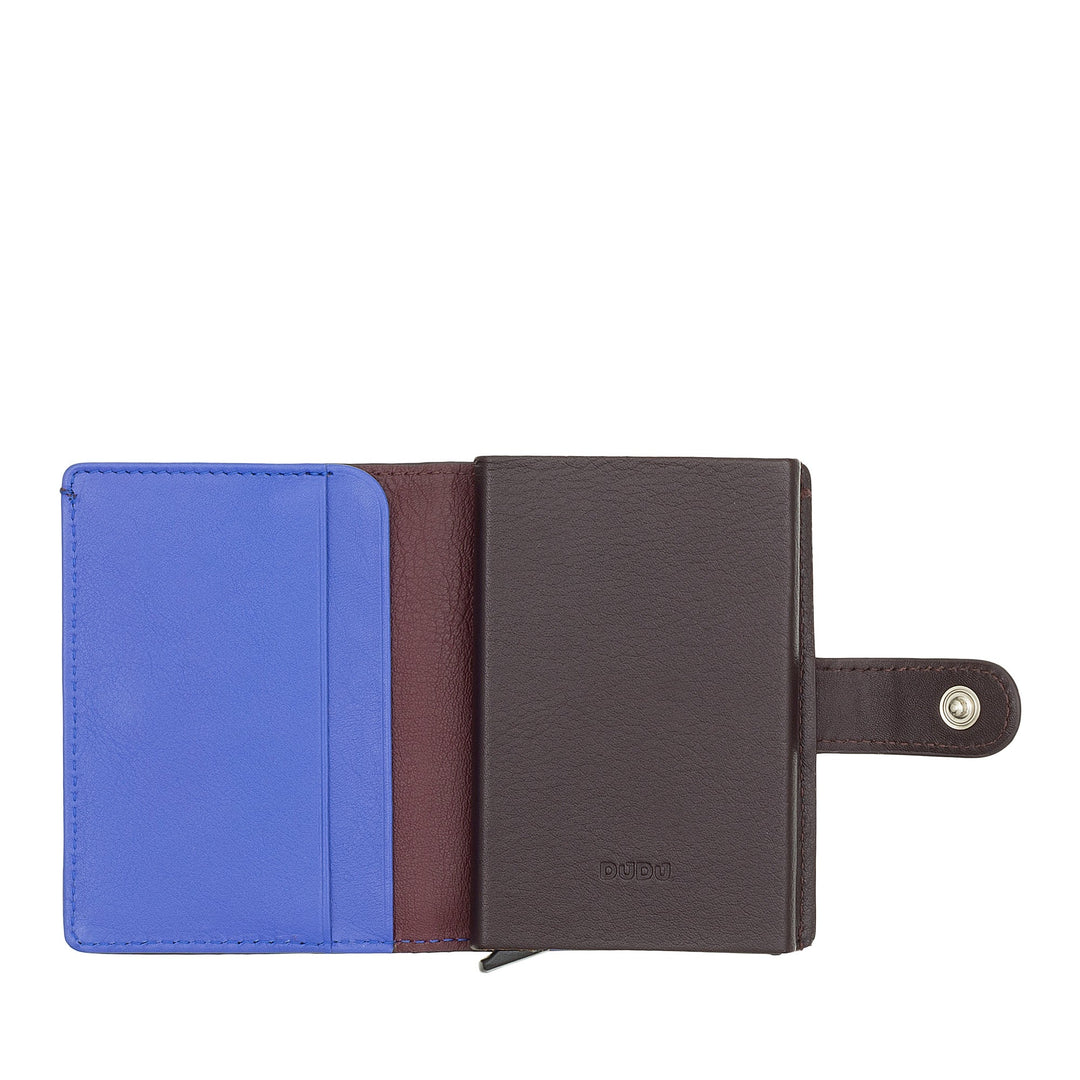 Brown and blue leather bi-fold wallet with snap closure on white background