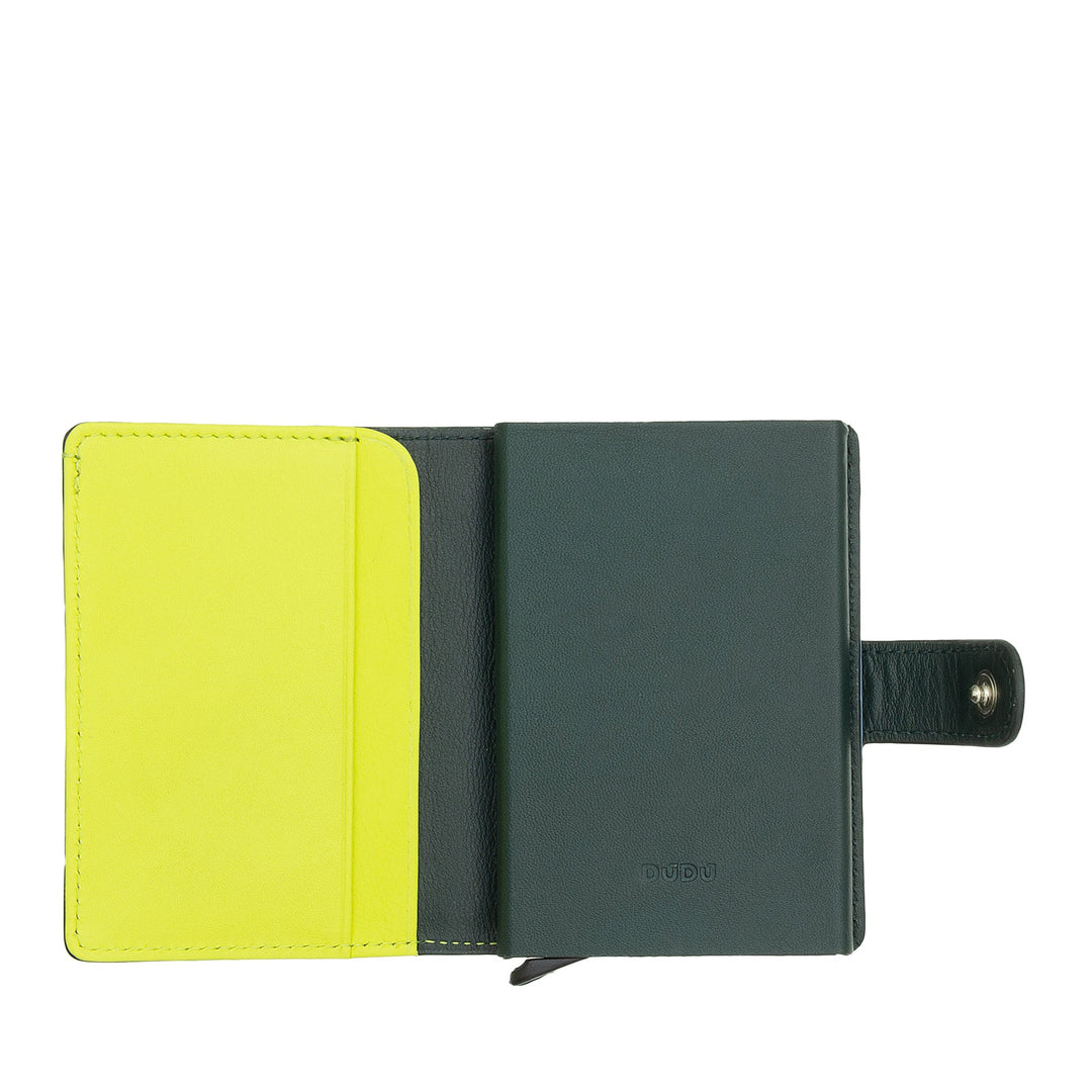 Green and yellow leather wallet open with multiple pockets and snap closure