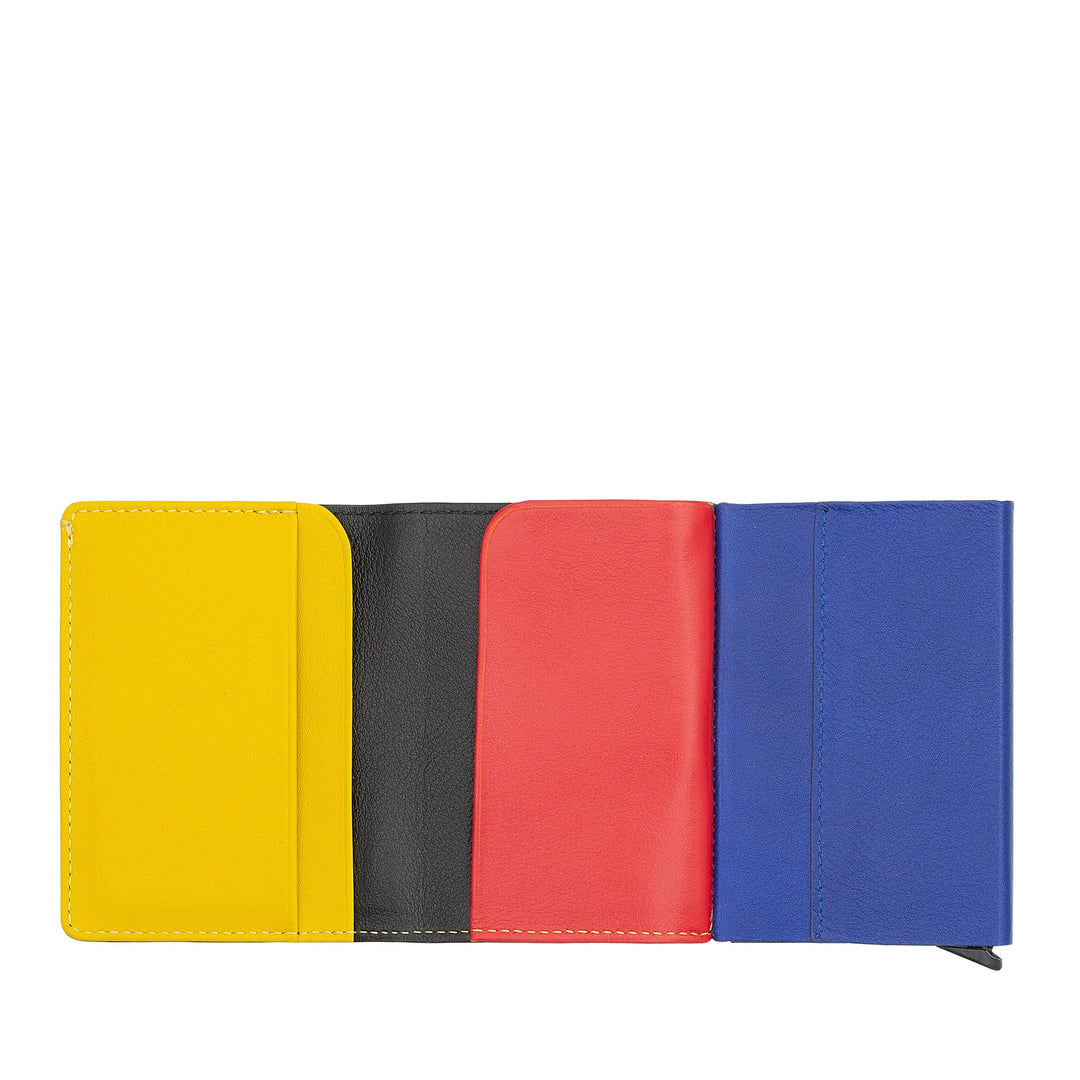 Colorful wallet with yellow, black, red, and blue sections