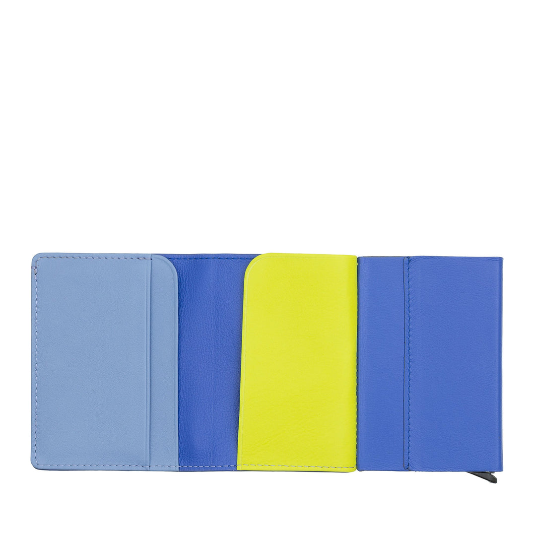 Multicolored leather wallet with blue and yellow sections, open to display compartments