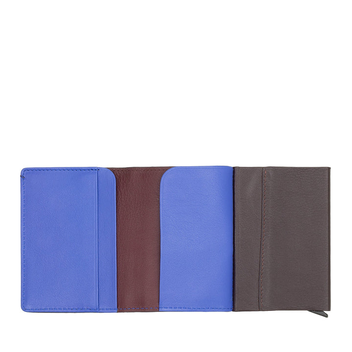 Colorful tri-fold leather wallet with blue, brown, and dark brown sections, laying open