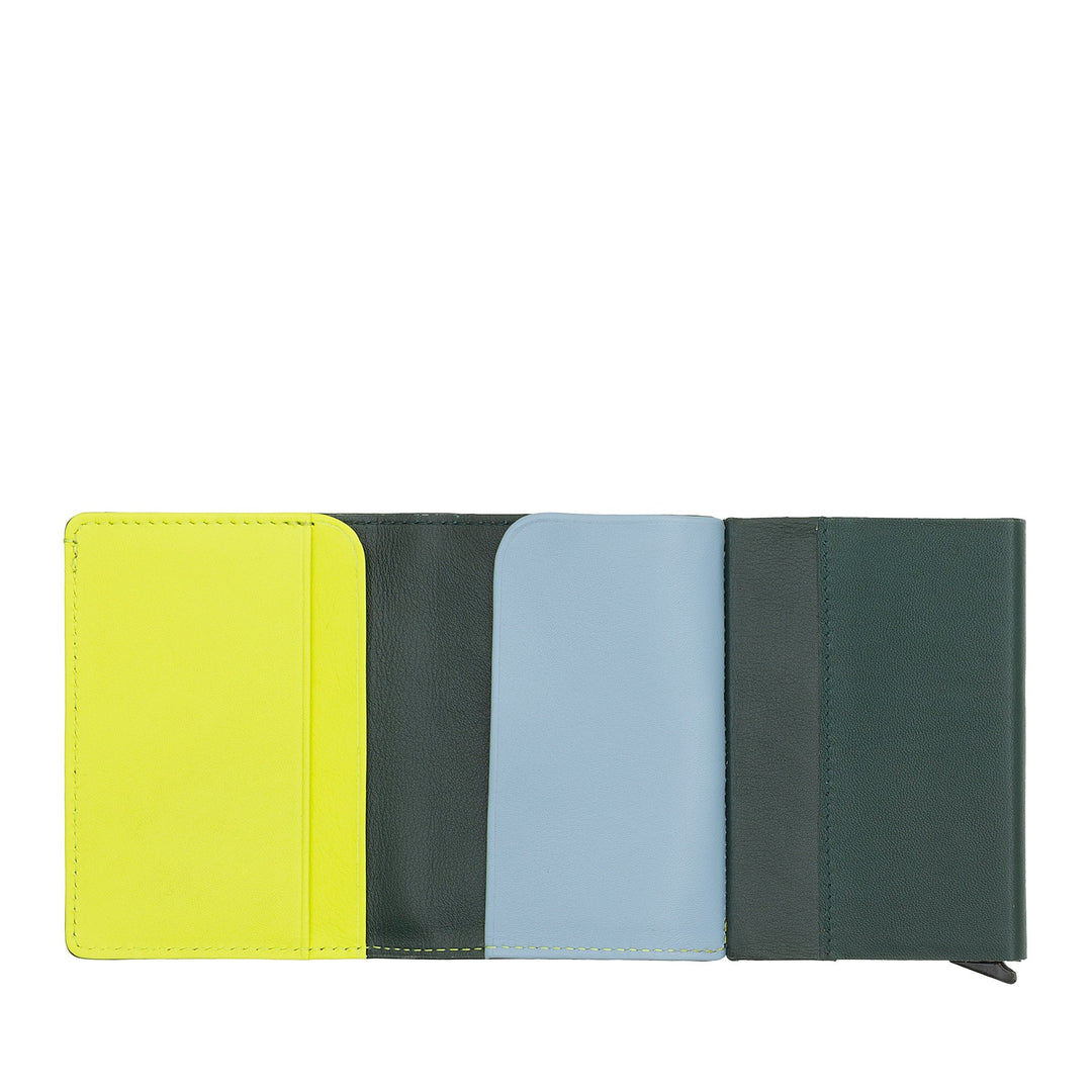 Multicolored leather wallet with yellow, dark green, blue, and black sections