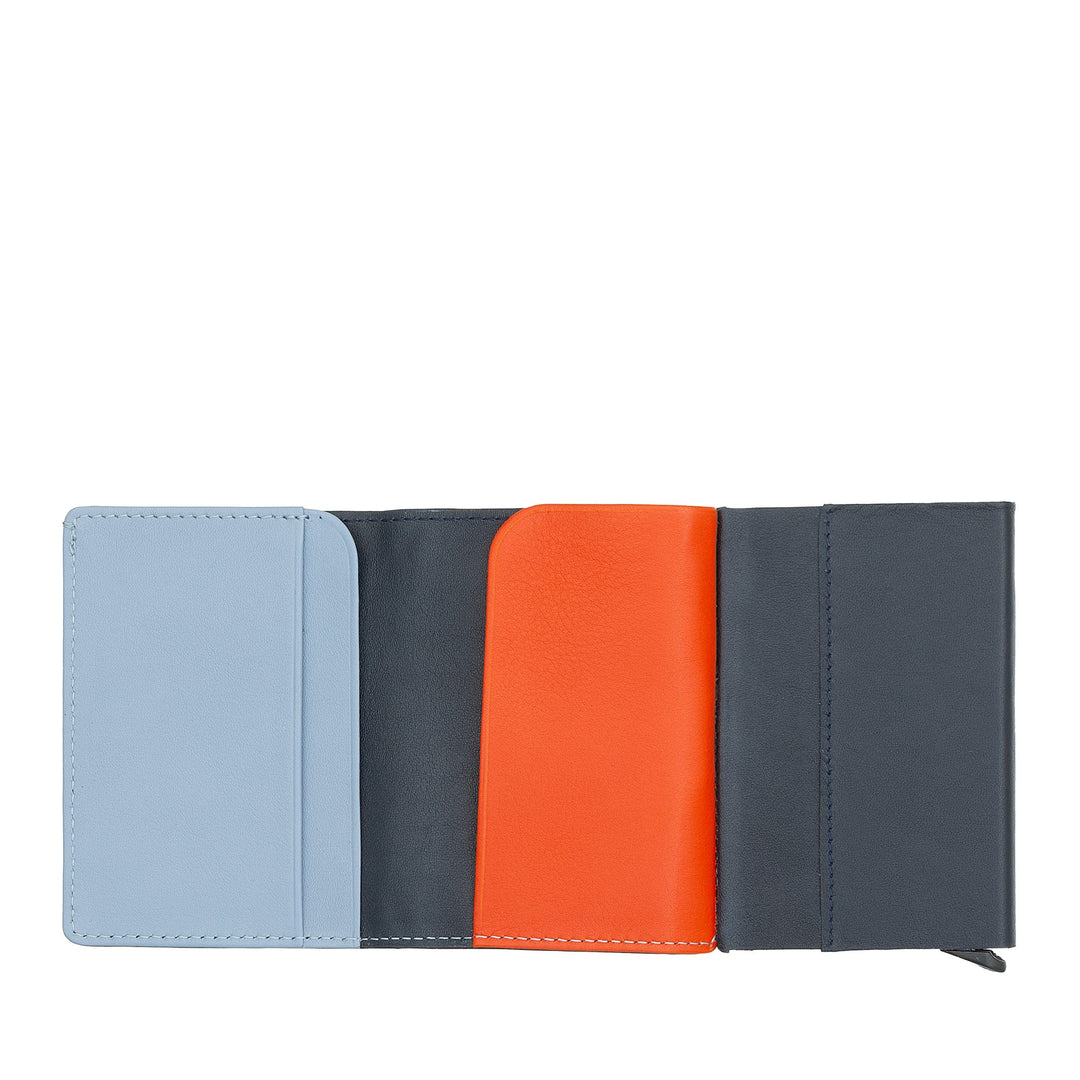 Tri-fold leather wallet with blue, black, and orange sections