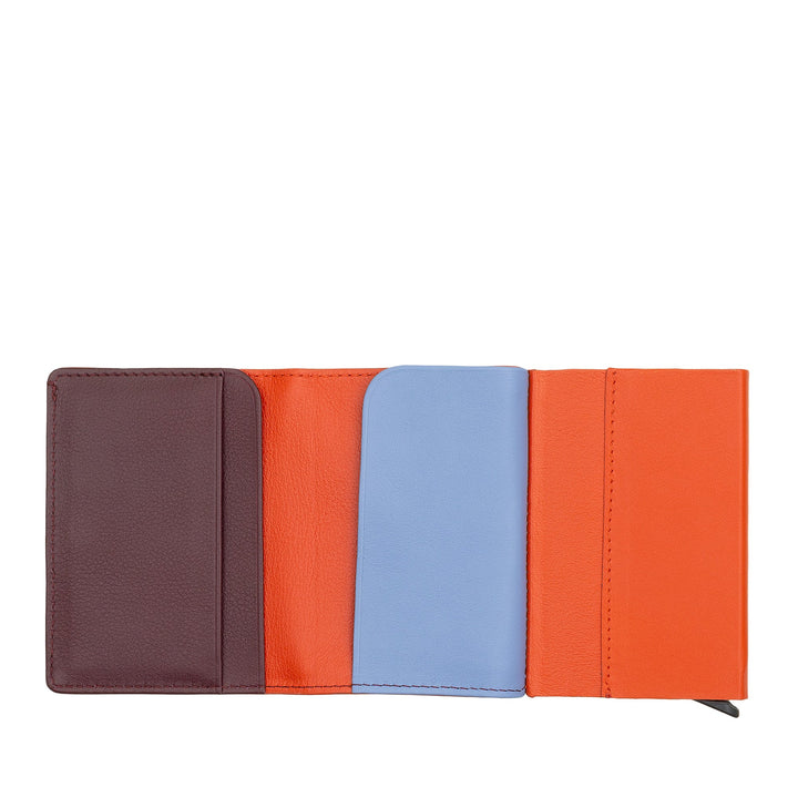 Colorful leather wallet with multiple sections in burgundy, light blue, and orange