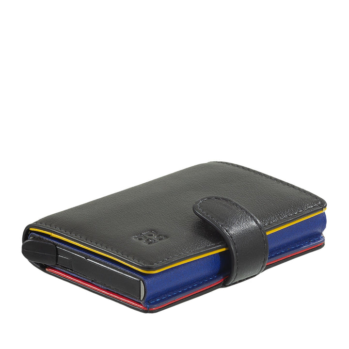 Black leather wallet with colorful trim and fastening strap