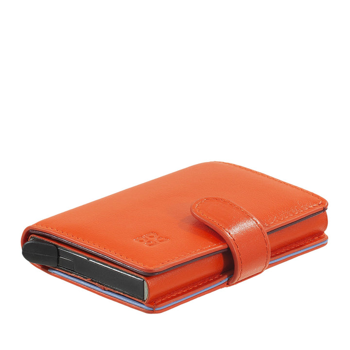 Bright orange leather wallet with buckle clasp, isolated on white background