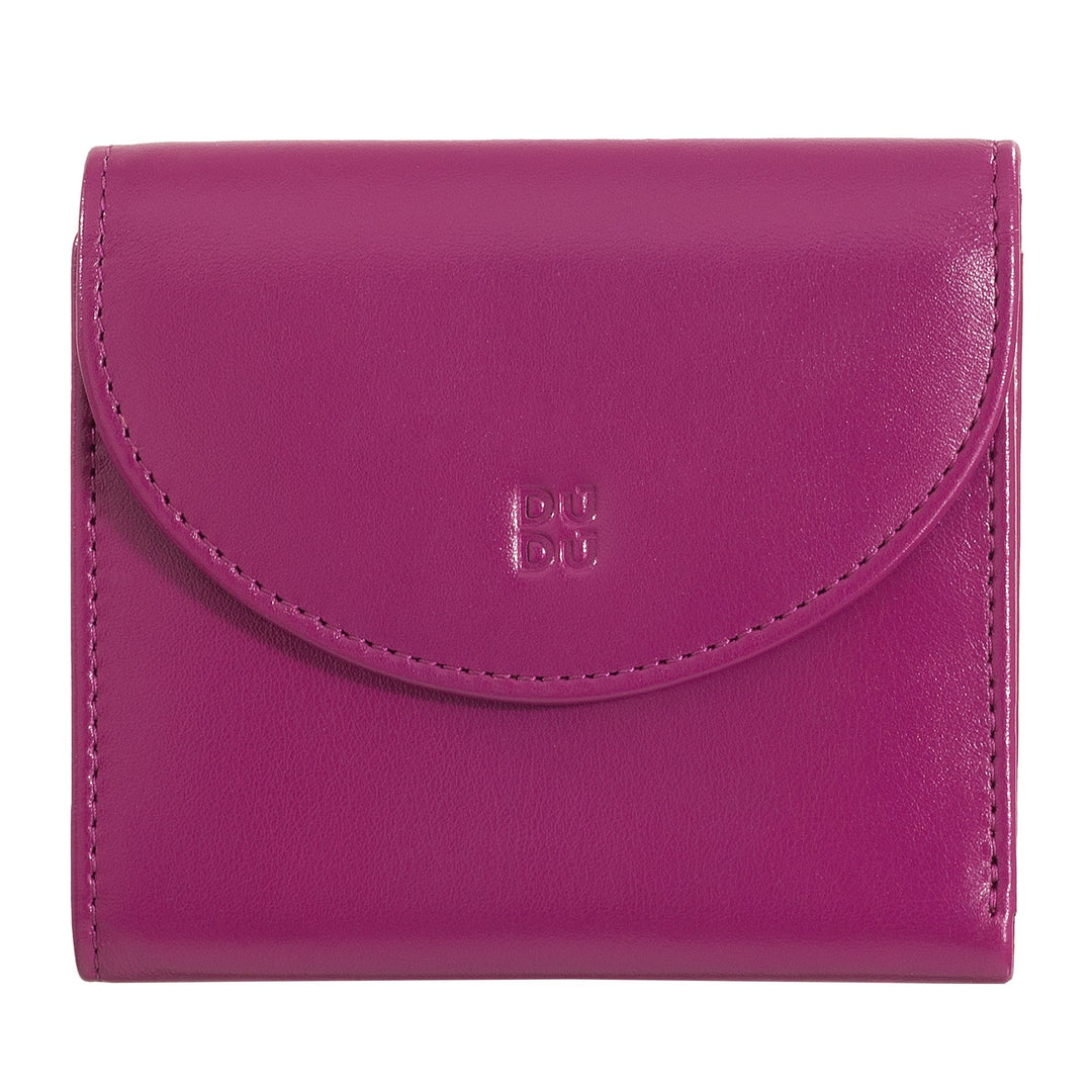 Purple leather wallet with flap closure