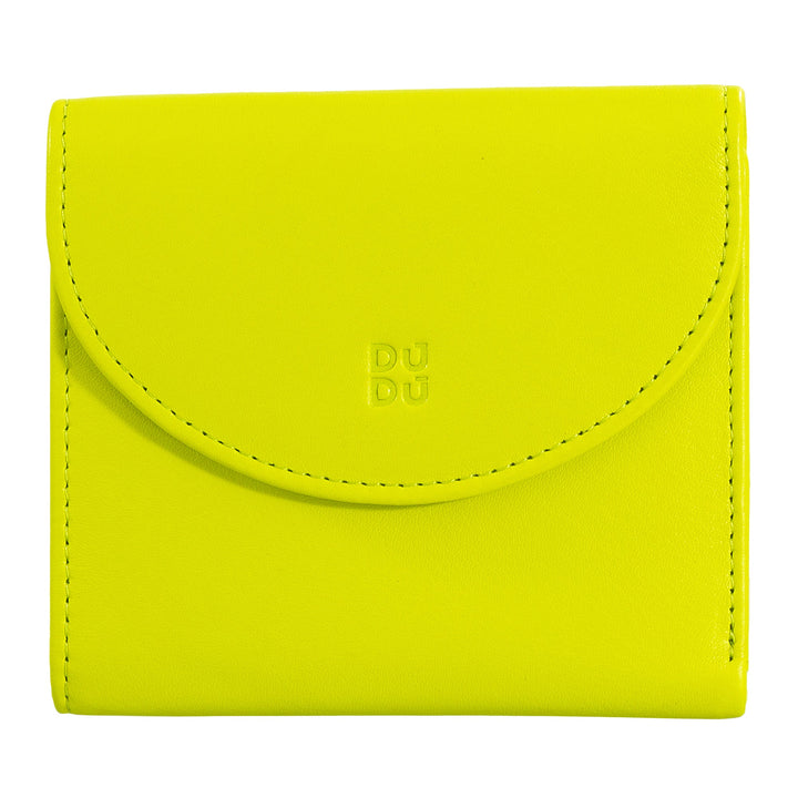Bright yellow leather wallet with embossed DuDu logo on the front