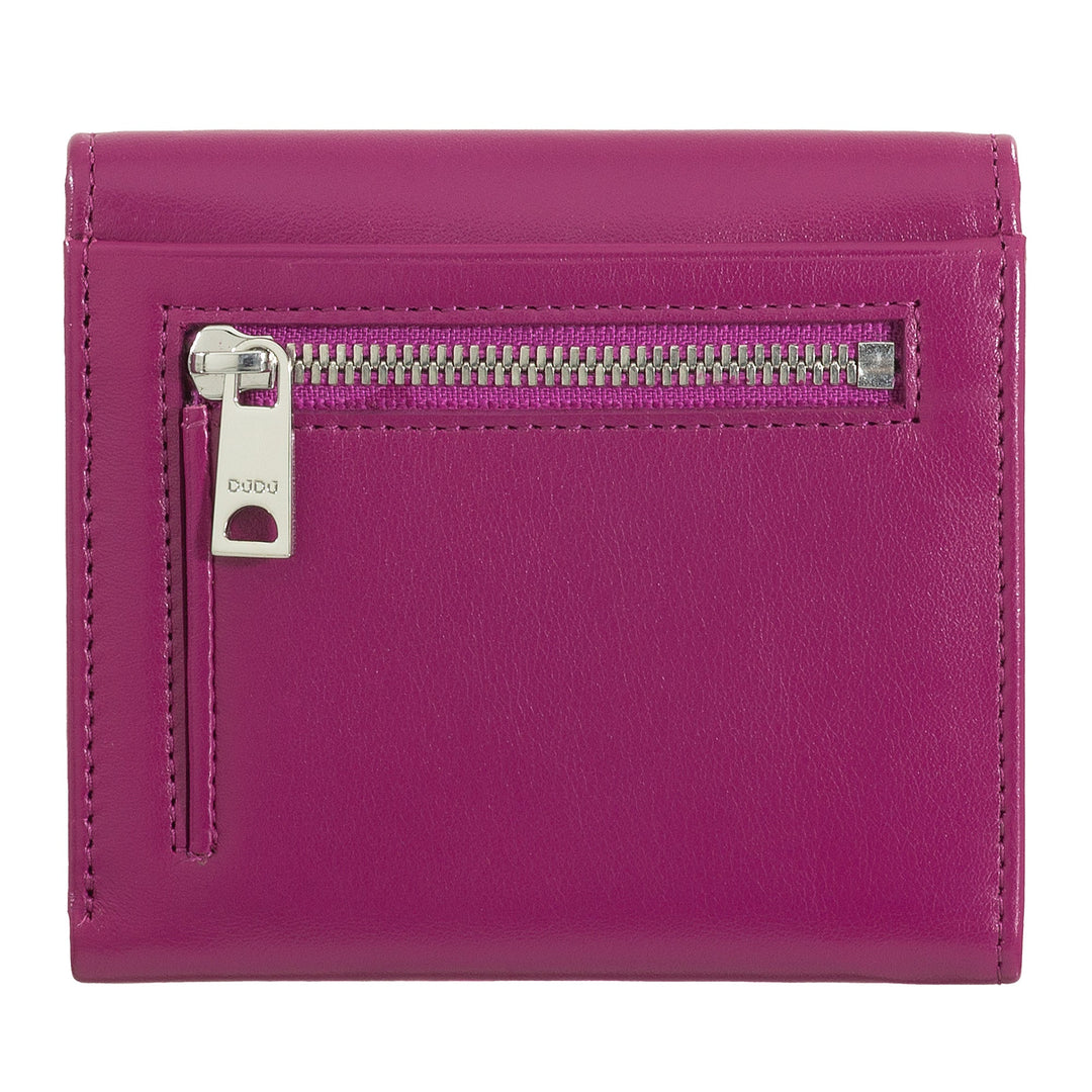 Purple leather wallet with front zipper pocket
