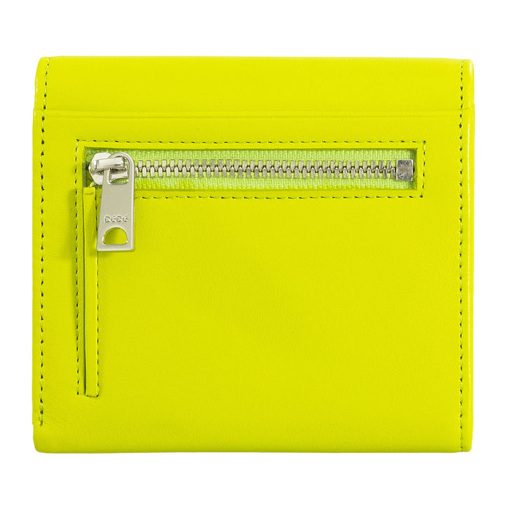 Bright yellow leather wallet with silver zipper pocket on front