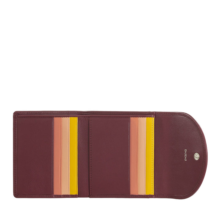 Burgundy leather wallet with multiple card slots and snap button closure