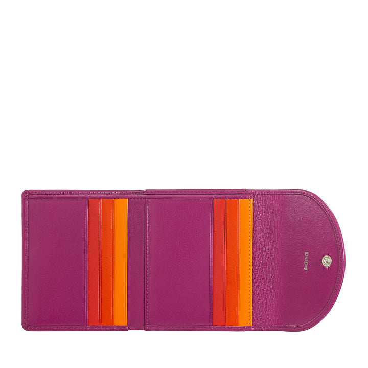 Open purple leather wallet with vibrant orange and red card slots on a white background