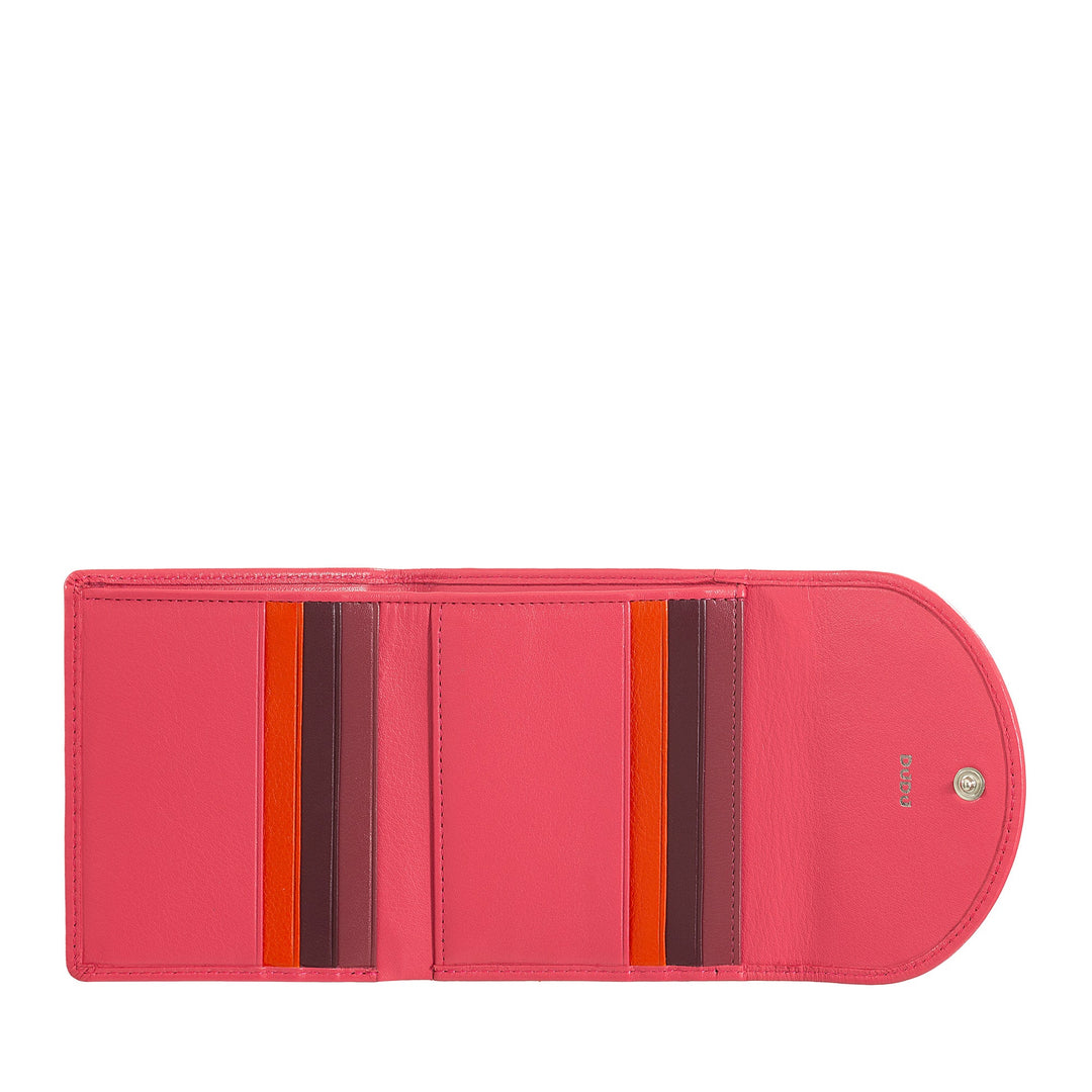 Pink leather wallet with multiple card slots and compartments, open view