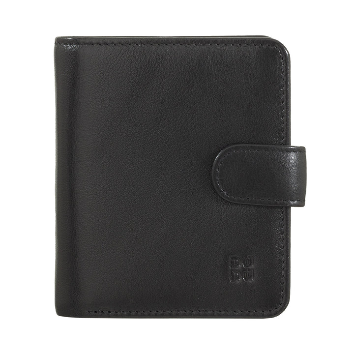 Black leather wallet with snap closure and embossed logo