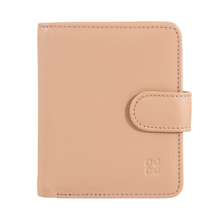 Beige leather wallet with snap closure and stitched detail