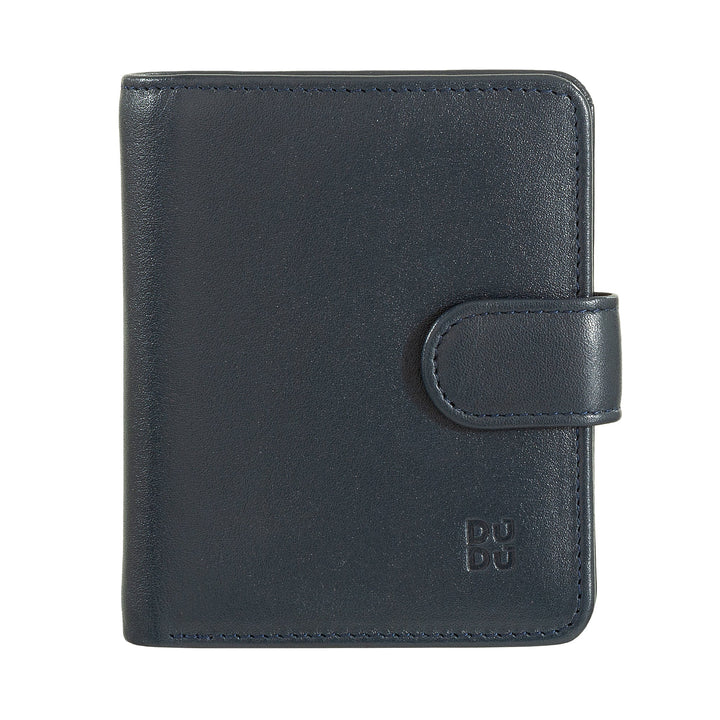 Black leather wallet with snap closure featuring DuDu brand embossing