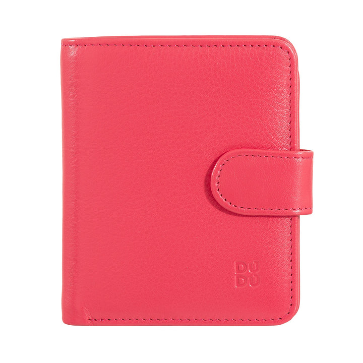 Red leather wallet with snap closure and embossed DUDU logo