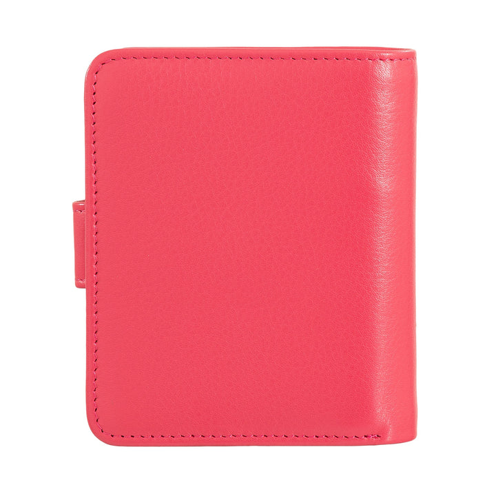 Bright pink leather wallet with a simple design and snap closure