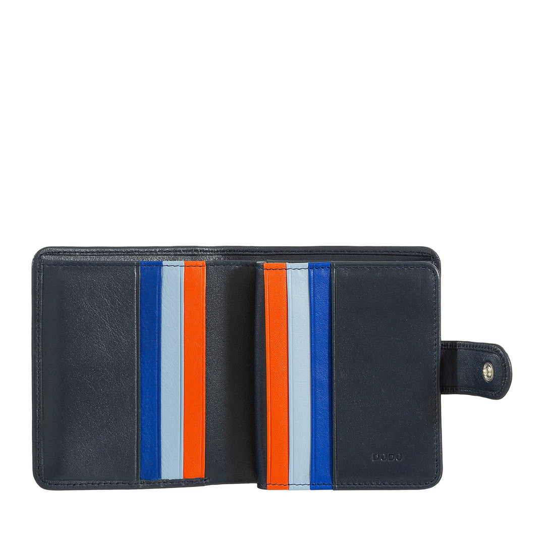 Open black leather wallet with colorful orange, blue, and white card slots