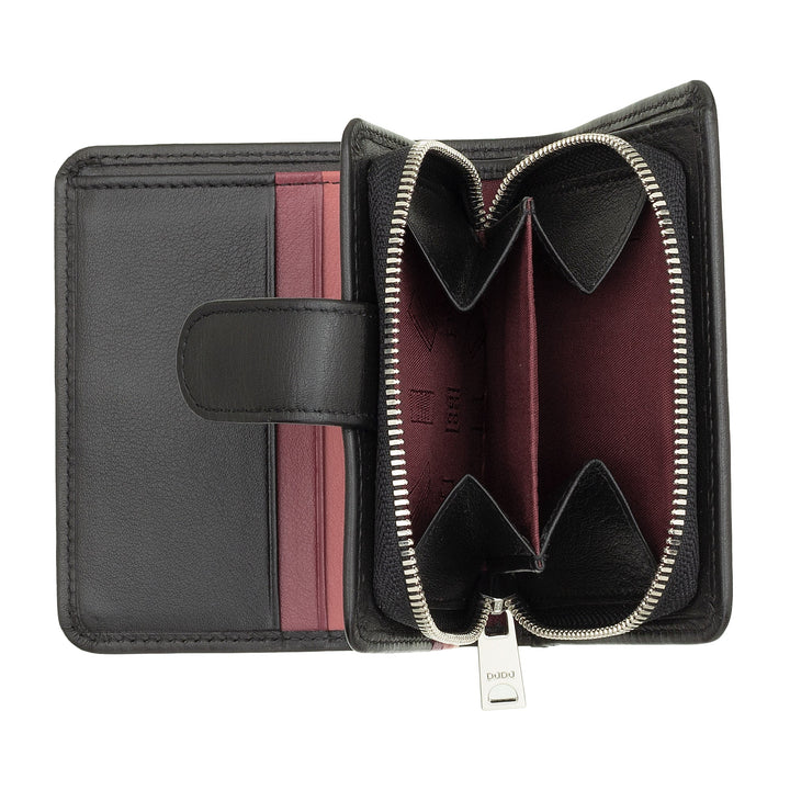 Open black leather wallet with coin compartment and card slots