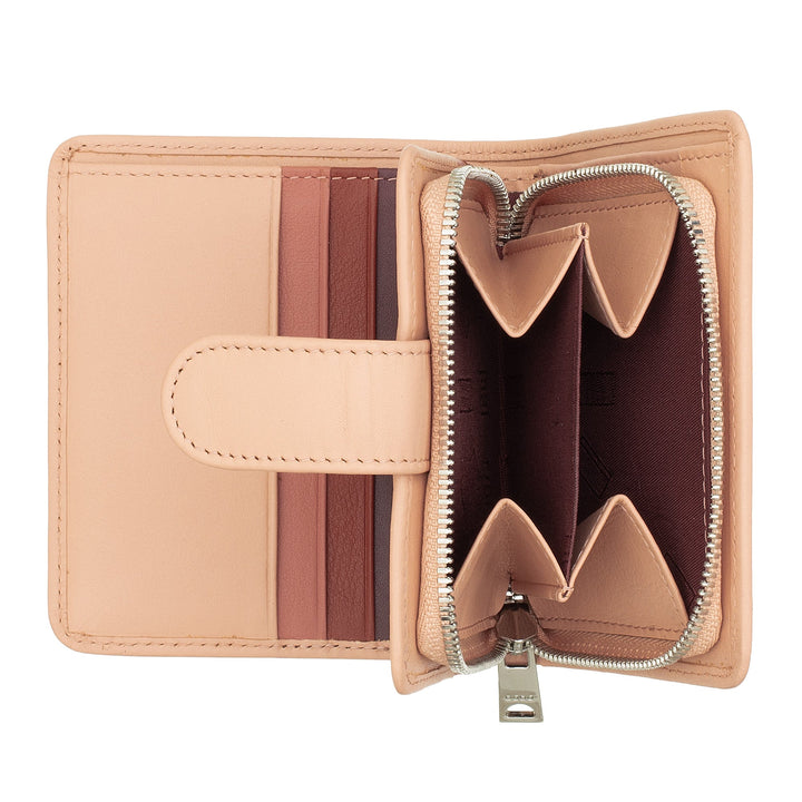 Beige leather wallet with card slots and zippered coin compartment