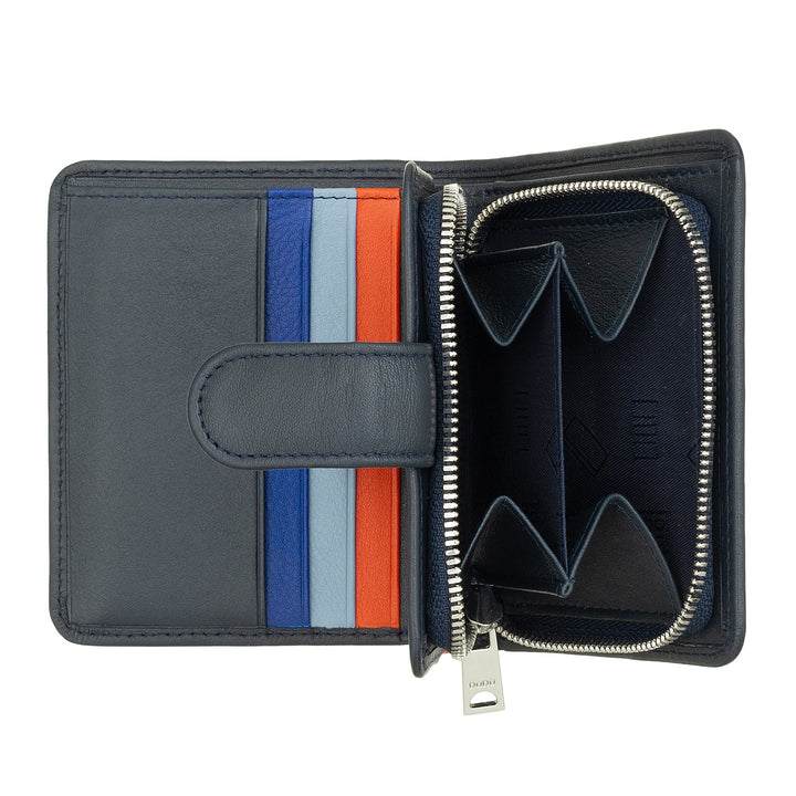 Dark leather wallet with multiple card slots and zippered coin compartment