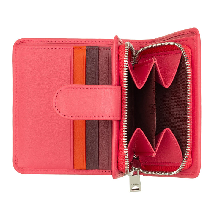 Bright pink leather wallet with card slots and zippered compartment