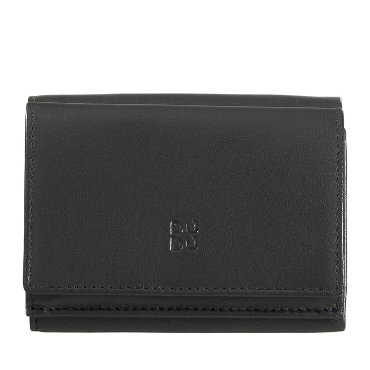 Black leather tri-fold wallet with embossed DuDu logo