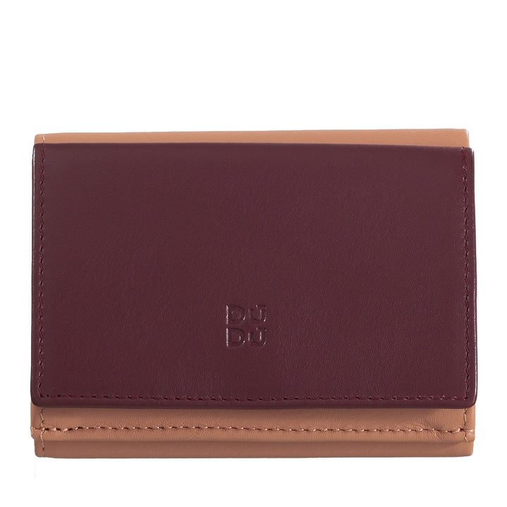 Maroon and tan leather wallet with DuDu logo