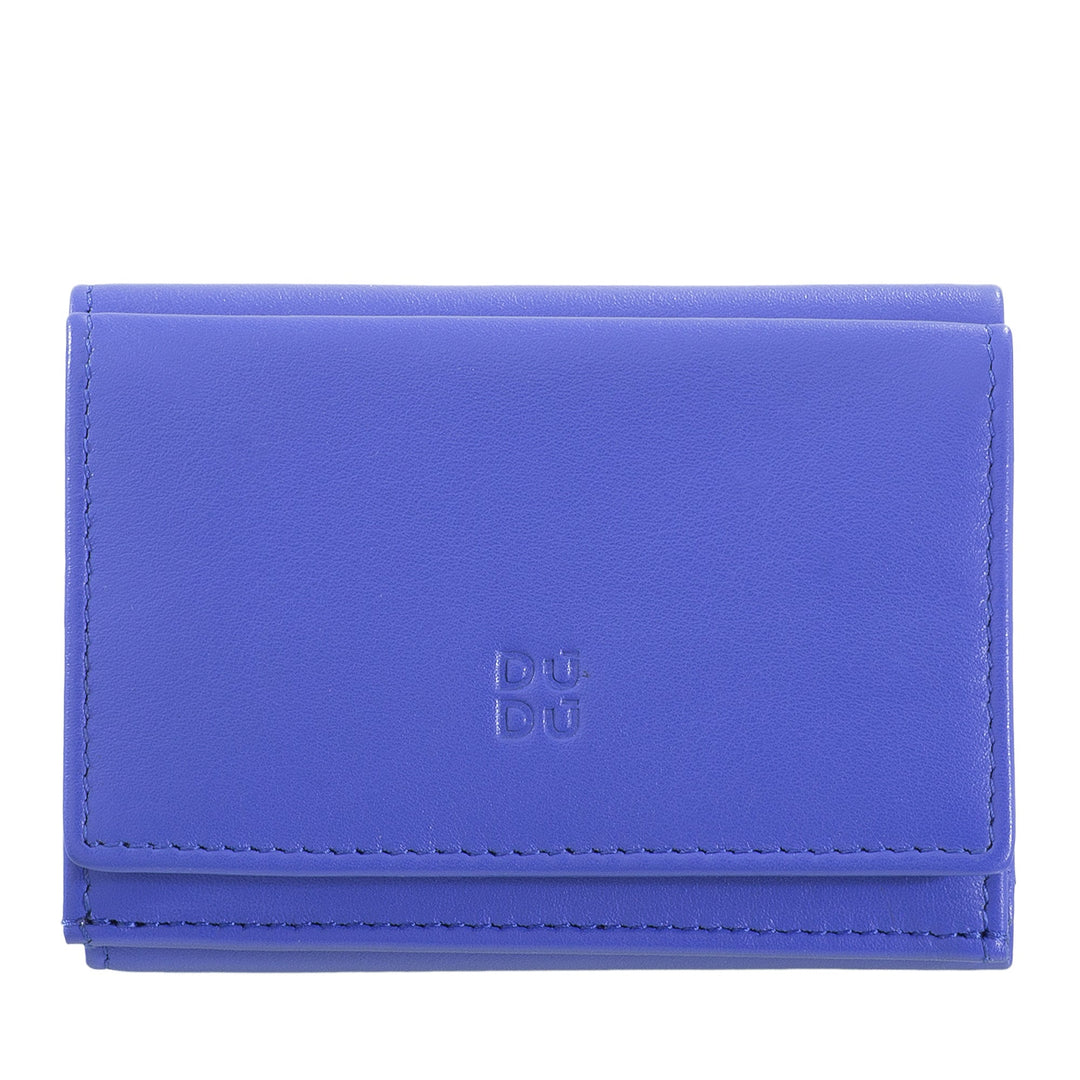 Blue leather wallet with brand logo on the front