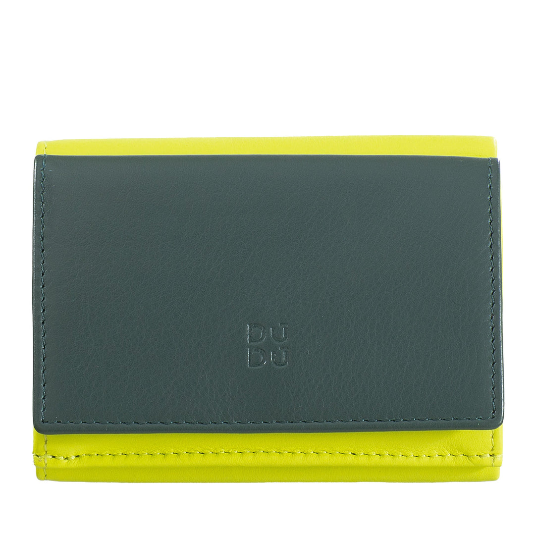 Green and yellow leather wallet with logo