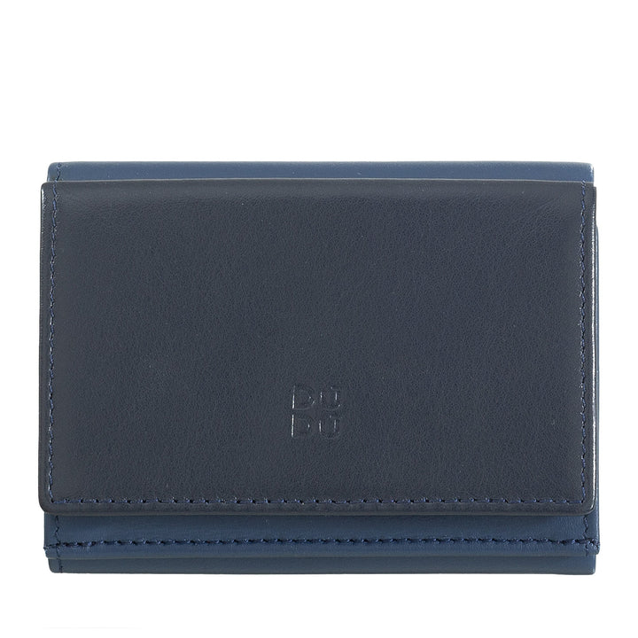 Navy blue leather wallet with embossed logo on front