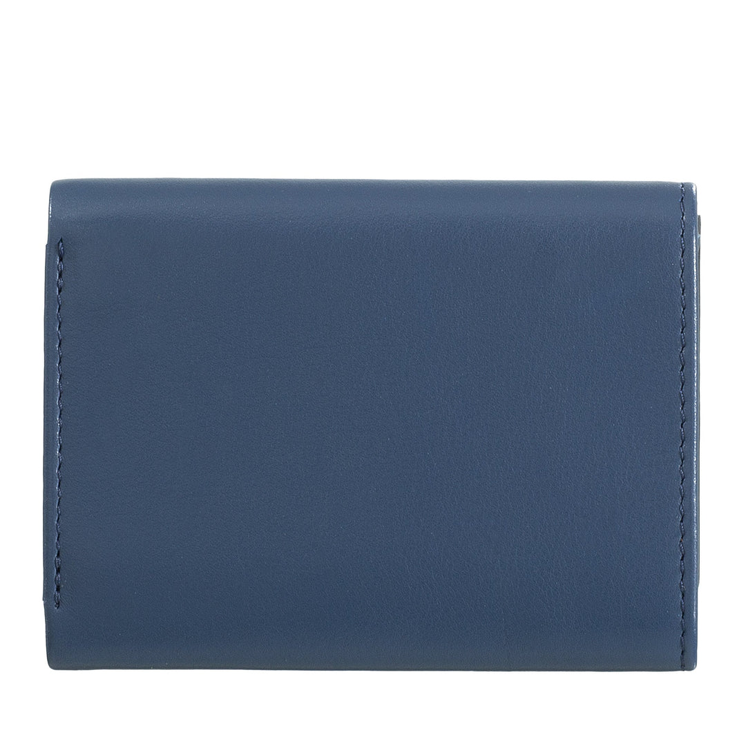 Blue leather wallet with stitched edges, front view