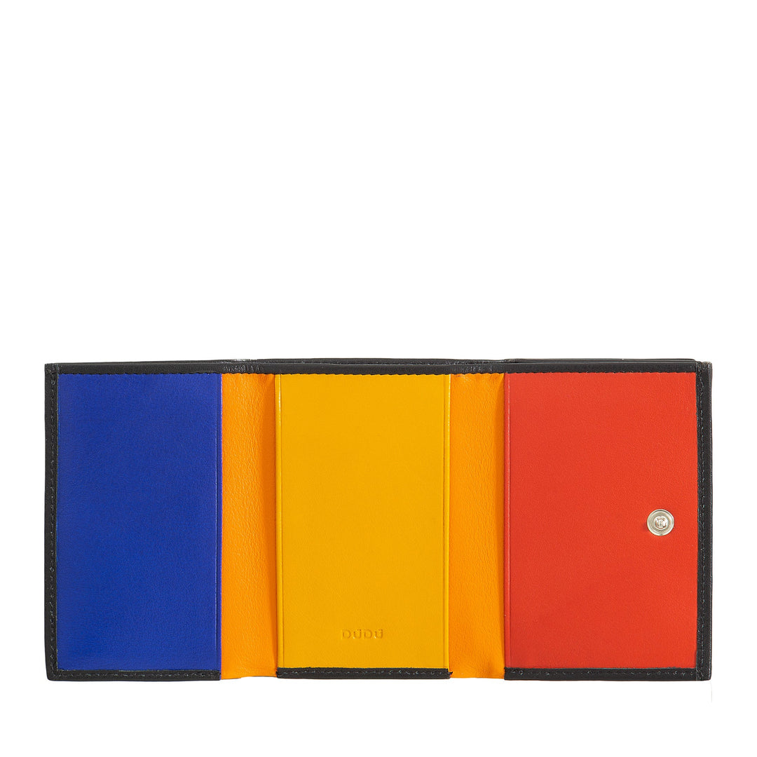 Multi-colored leather bi-fold wallet with blue, yellow, and red sections