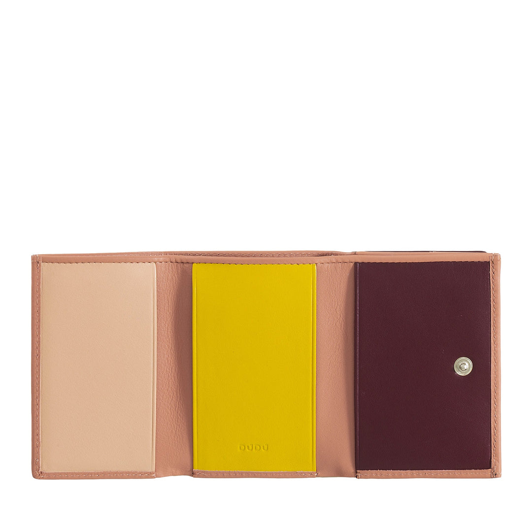Open tri-fold leather wallet showing beige, yellow, and burgundy compartments