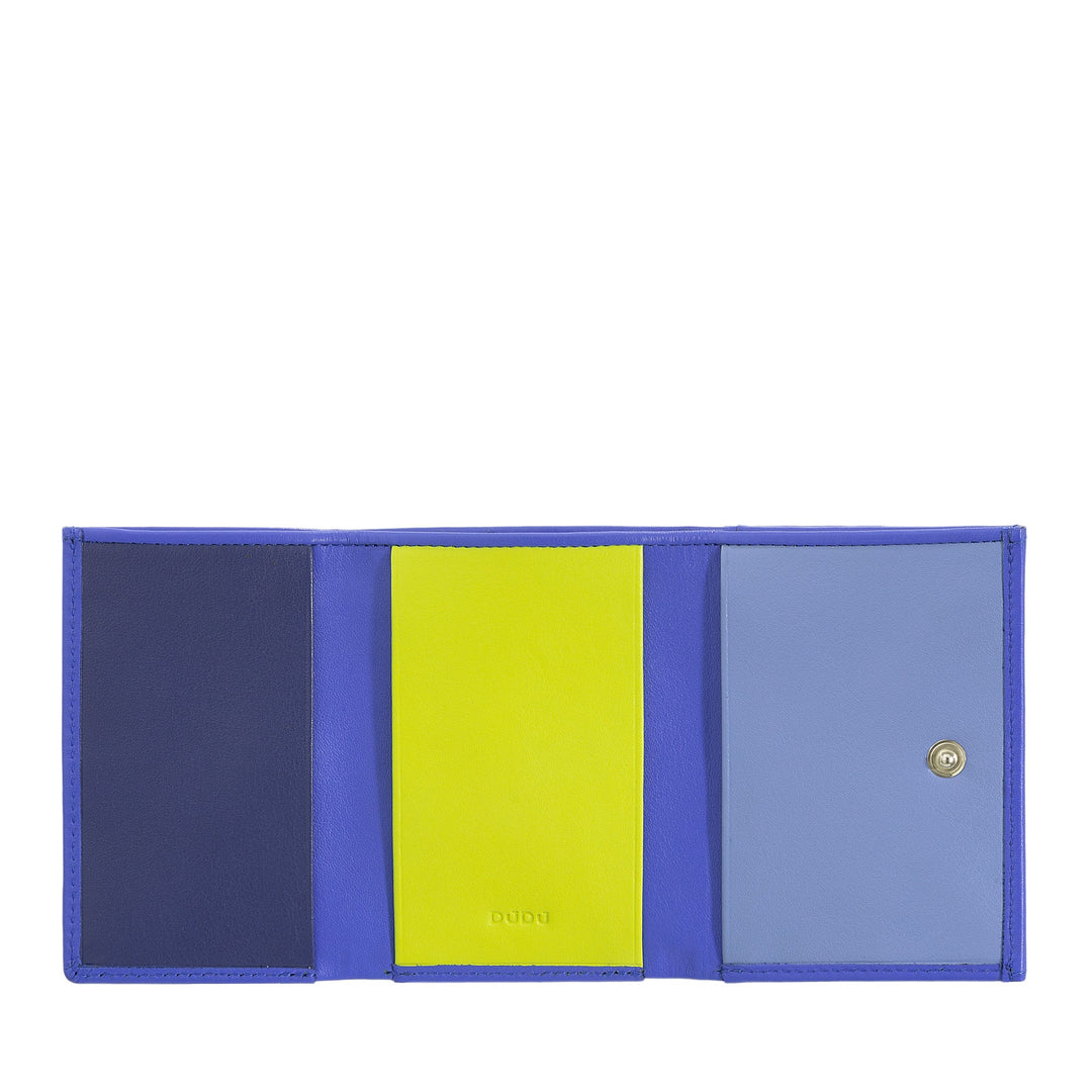 Colorful tri-fold wallet with multiple compartments and snap closure